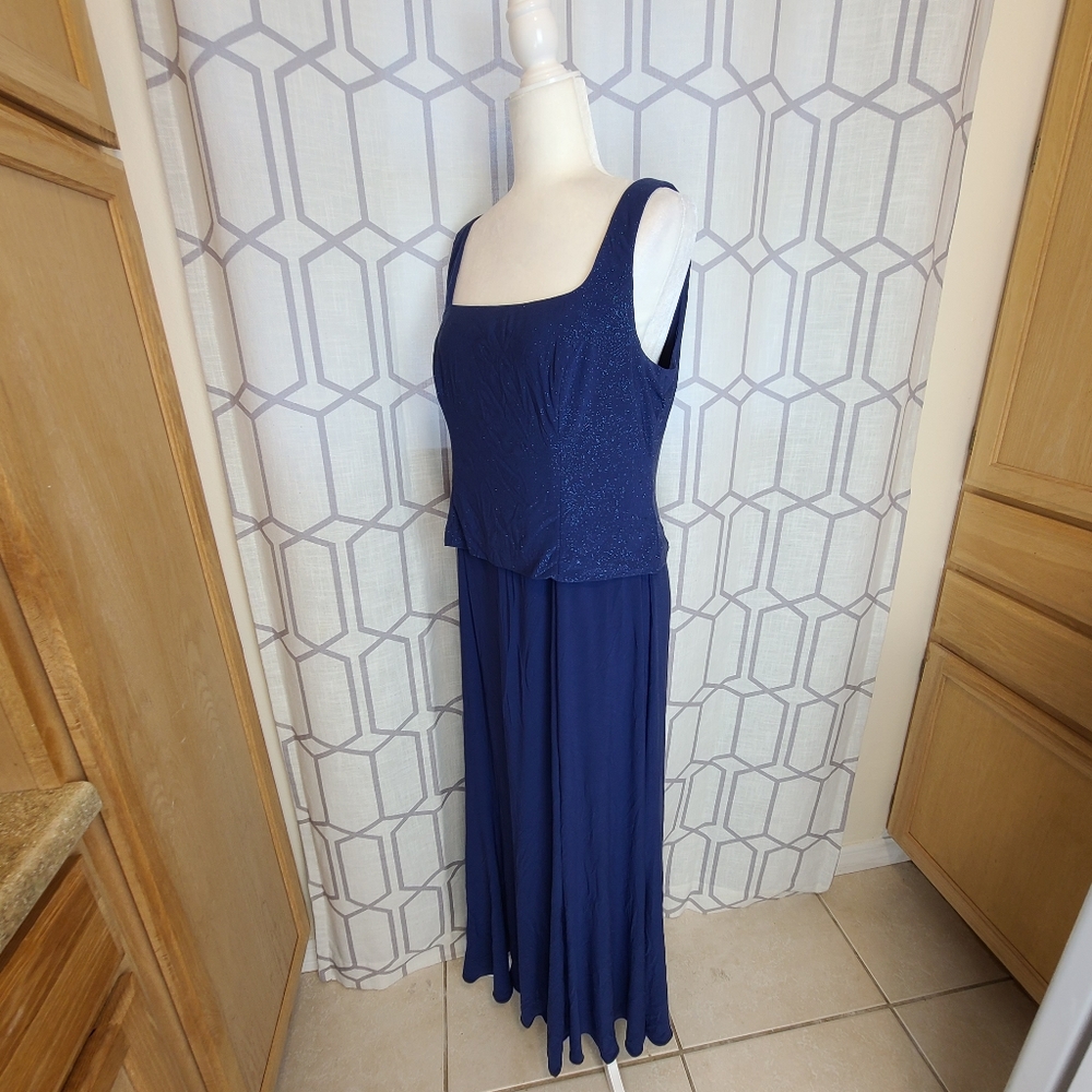 Alex Evenings women maxi party dress size 14 glitter sleeveless blue